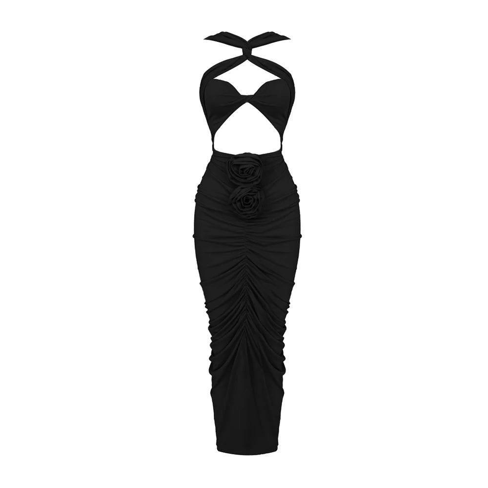 VC Red Dresses For Women Sexy Backless 3D Flowers Design Sleeveless Draped Long Dress Party Evening Vestidos