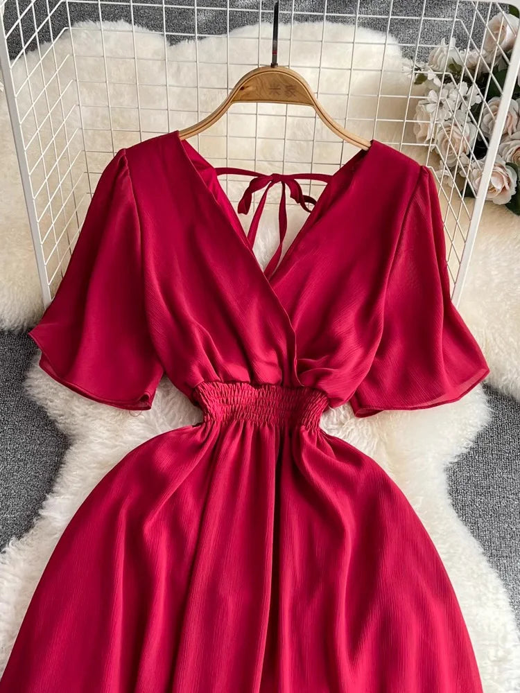Summer Vintage Women Long Dress Elegant V-Neck Short Sleeve High Waist A-Line Bandage Maxi Robe Vacation Beach Vestidos 2025 New