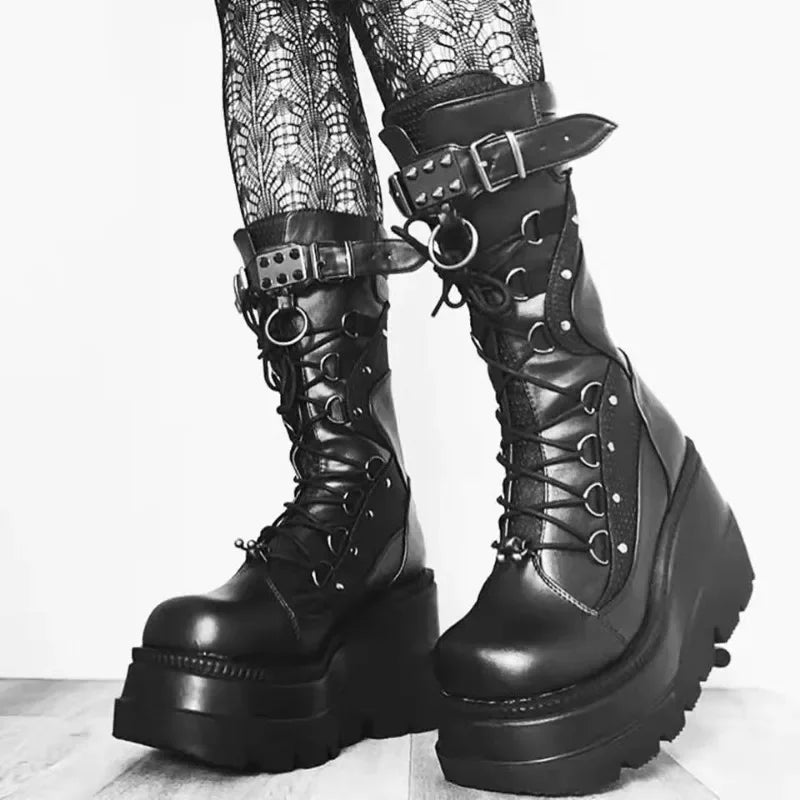 Women High Boots Cosplay Mid-calf Boots High Platform Wedges Boots 2024 Summer Autumn New Designer Gothic Shoes for Women Botas