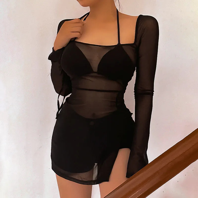 Sexy evening dress hot club set transparent vest for women, long sleeved square collar solid color mini dress for women, Y2k