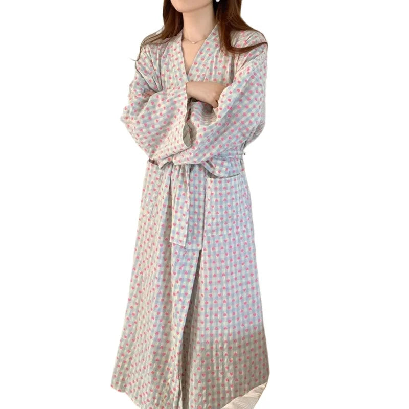bathrobe women's bathing love plaid loose long sleeve long kimono V-neck lace up trousers nightgown sexy robe women's girl