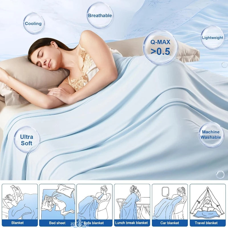 Ultra Cold Feeling Ice Silk Blanket Summer Cooling Blanket Soft Lightweight Washable Bed Throw for Home Indoor Outdoor Nap Use