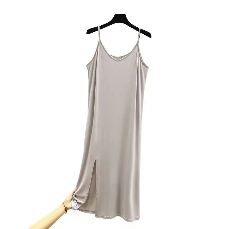 Women Summer Dresses Casual V Neck Full Under Slip Dress Spaghetti Strap Seamless Loose Split Bottming Thin All-Match Dress