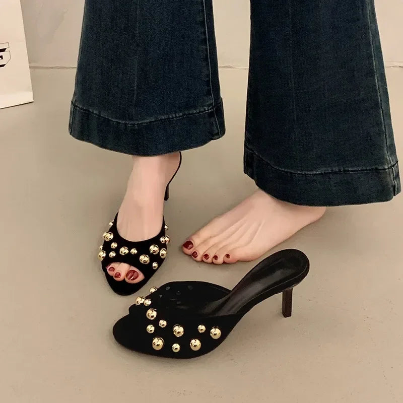 2026 Summer New Women's Shoes Black Velvet Effect Studded Backless One-foot Stiletto Sandals Women's High Heels Zapatos De Mujer