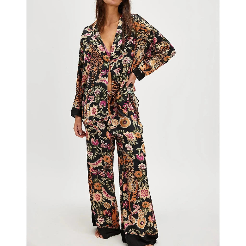 Silk Satin Pajamas Set for Women 2 Piece Floral Loose Pjs Wide Leg Sleep Loungewear Pants with Long Sleeve Button down Shirts