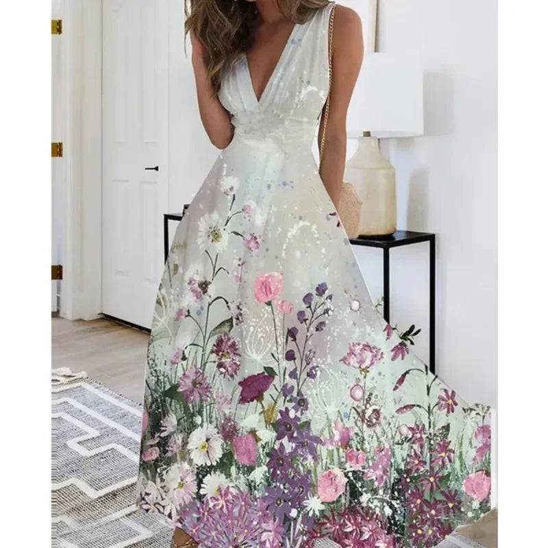 Summer Women Dress Fashion Sexy V-Neck Sleeveless Higt Waist Long Dresses Elegant Office Printing Holiday Party Dress Vestidos
