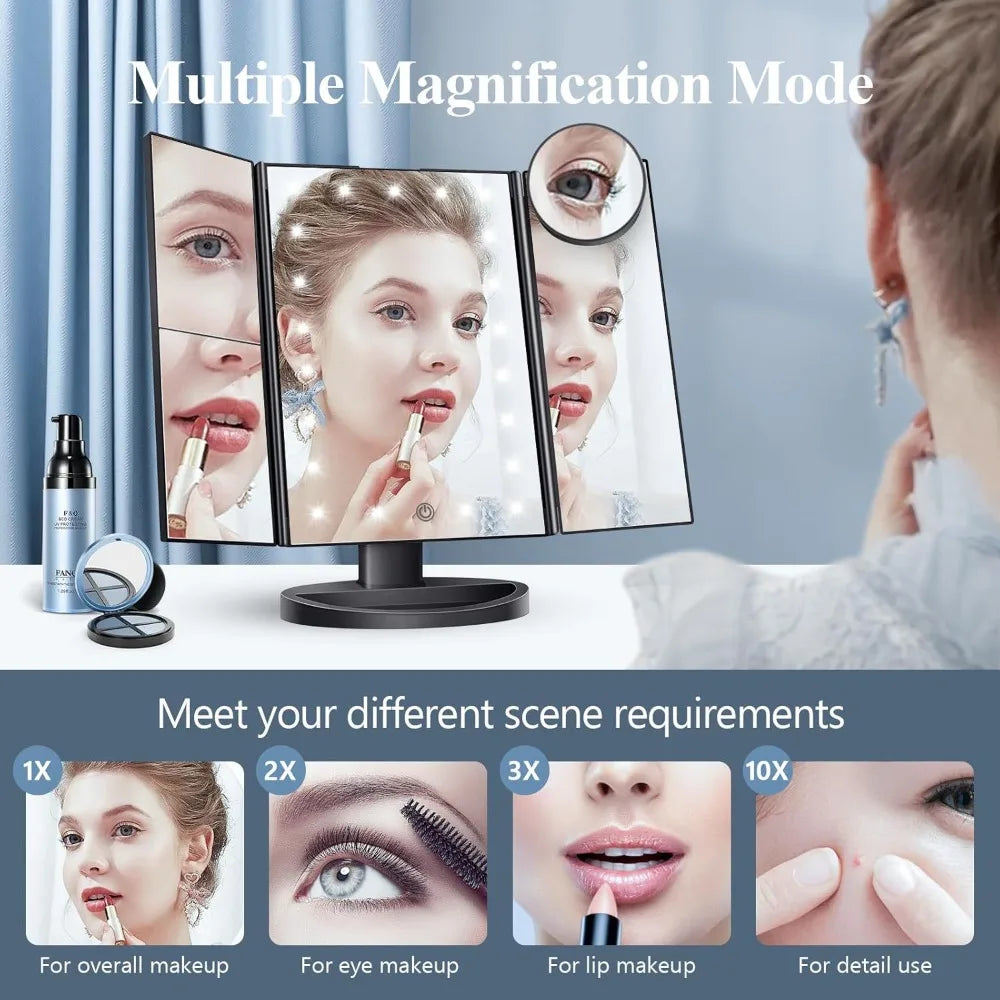Large Foldable LED Makeup Mirror - 2X/3X/10X Magnification, USB & Battery Powered, Retro Tabletop Design for Home/Travel