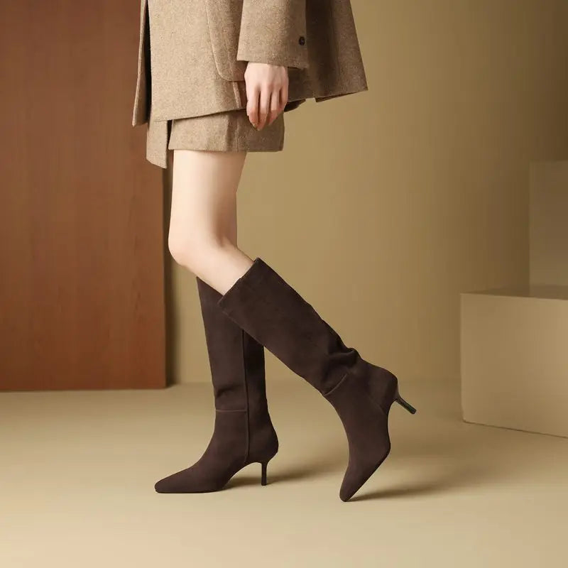 MORAZORA Size 34-42 Cow Suede Leather Stiletto High Heels Handmade Rero Knee High Boots Winter Fashion Casual Botas Ladies Shoes