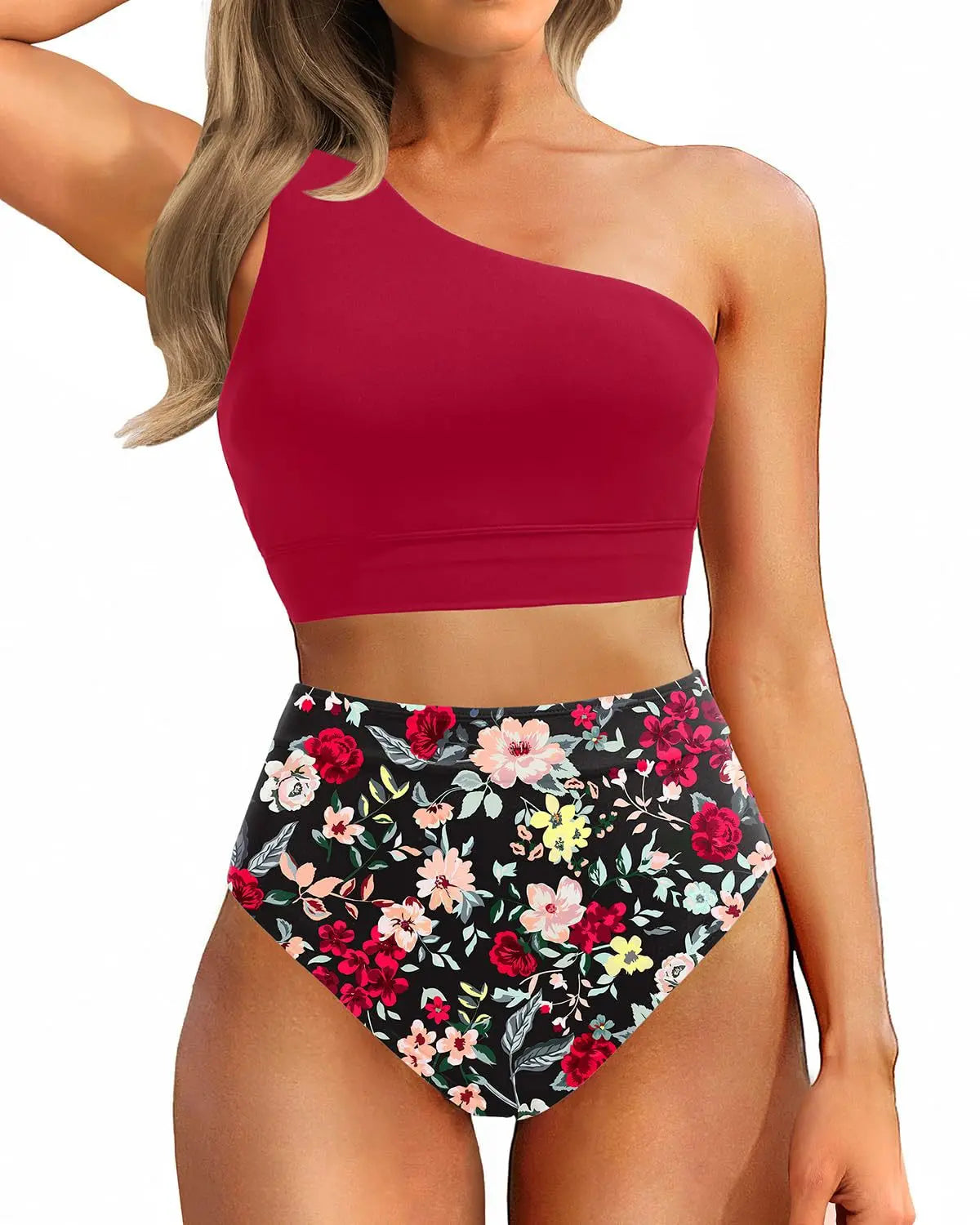 Sexy Single Shoulder Backless Printed Solid Color Splicing Split Bikini Triangle Pants Beach Pool Set Women's Swimsuit