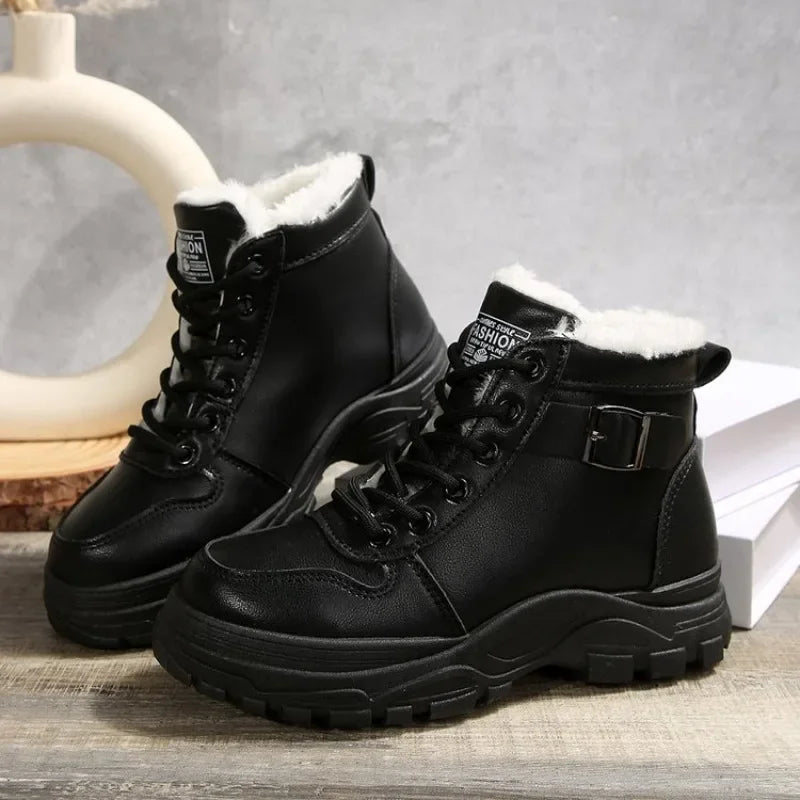 Womens Fashion Winter Snow Boots Warm Fleece Lined Lace Up Chunky Platform Ankle Booties Side Buckle Comfort Daily Walking Shoes