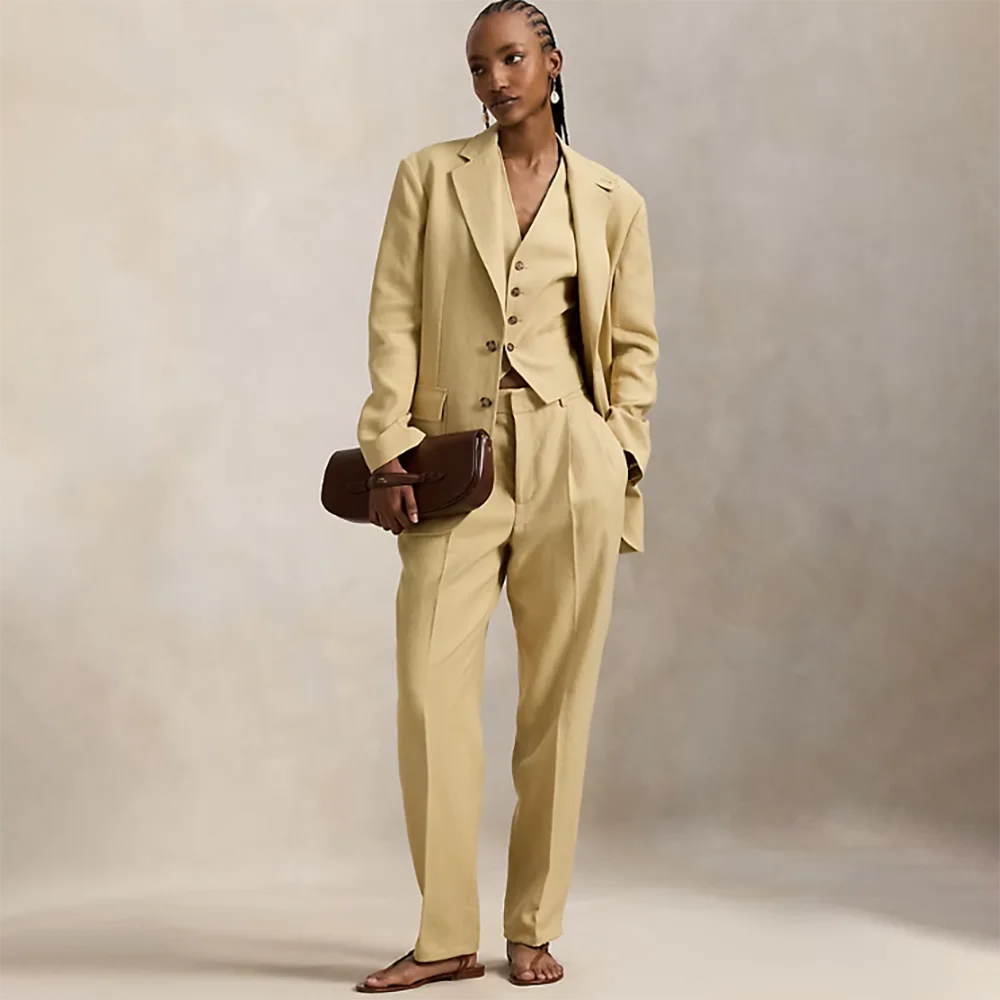 Glamorous Women's 3-Piece Linen Suit (Jacket+Vest+Pants) Casual Office Lady Formal Outfit Single Breasted Notched Lapel Set