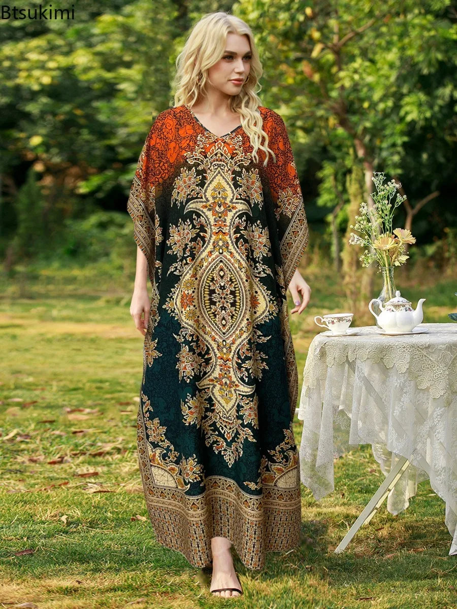 Bohemian V-neck Vacation Dresses for Women Summer Loose Casual Beach Dress Sunscreen Ethnic Printed Long Dress Middle East Robe