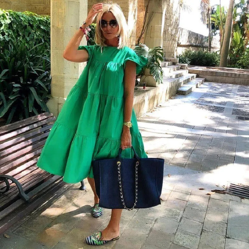 New Women's Summer Ruff Sundress Elegant Casual Party Beach Vintage Swing Midi Dress 2023 Solid Bohemian Oversized Vestidos Robe
