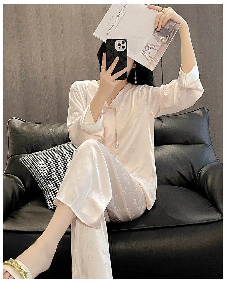 Pijama Feminino Fashion New Silk Satin Sleepwear Set Vintage Style Home Clothing Autumn Winter Pajamas For Women Sleeping Wear