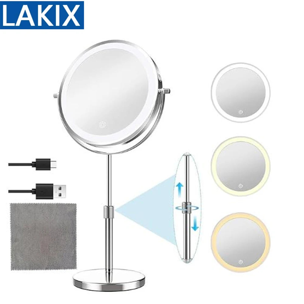 LED Vanity Mirror 3 Colors LED With Adjustable Height Standing 8 Inch 10X Magnification Double-Sided Makeup Mirror
