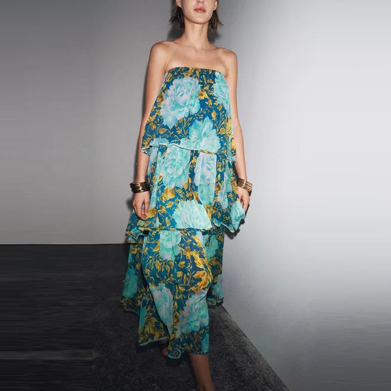 Elegant Floral Print Off-Shoulder Dress Street Style Vest Dress Spring 2025 ZADATA Polyester Fiber 100% Women's Fashion