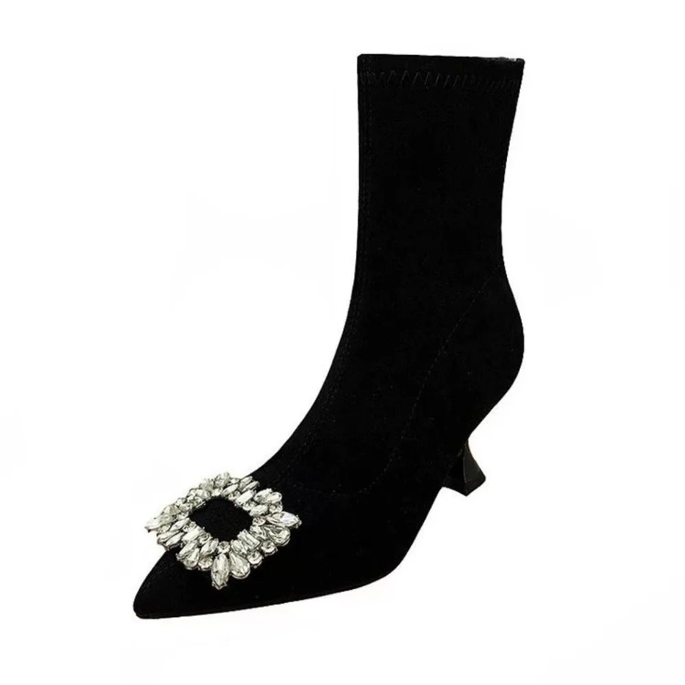 Ankle Boots Women Boots Women Shoes Woman Fashion High-heeled Pointed Flock Boots Spring Autumn Rhinestone Short Boots
