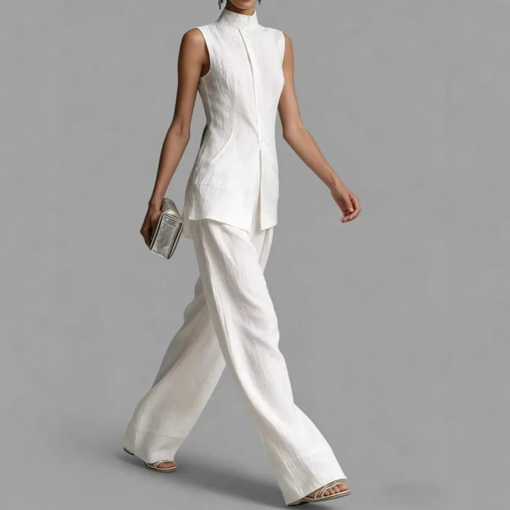 2026 Elegant Office Lady Commuting Simple Suit 2 Pieces Set Straight Pants Split Sleeveless Tops A Line High Collar Fashion Y2K