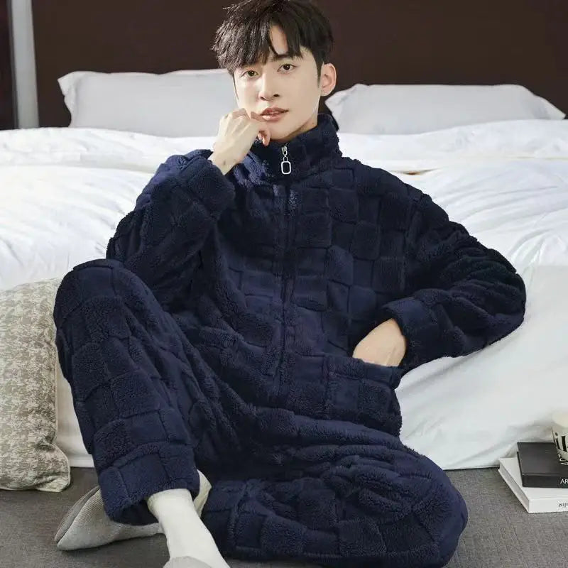 2025 Plaid Pajamas for Men Coral Fleece Sleepwear Sleeping Night Wear Zipper Pijama Two Piece Sets Autumn Winter Warm Home Suit
