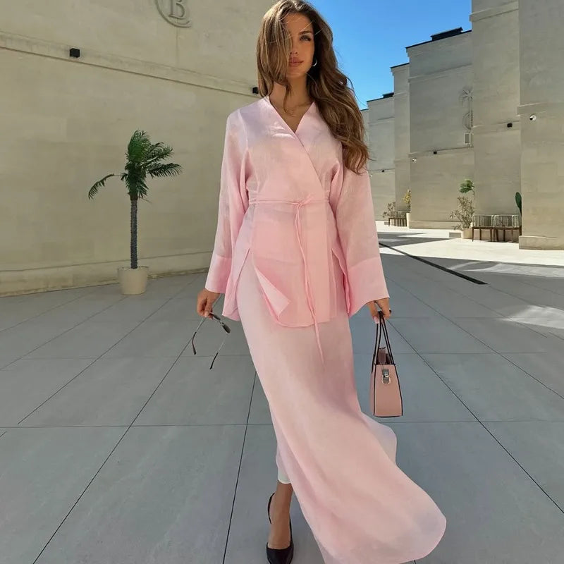 Tuularos Casual Dress Set Solid V Neck Lace-up Long Sleeve Cardigan High Waist Skirt Set Loose Vacation Fashion Women Dress Sets