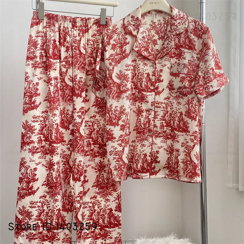 New Women Pijamas Silky Satin 2PCS Pajamas Set Sleepwear Spring Autumn Trouser Lounge Wear Loose Casual Female Homewear Lingerie