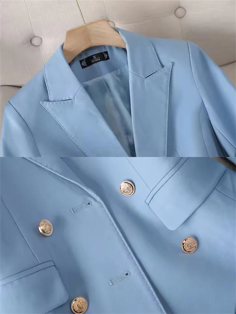 Fashion Office Ladies Pant Suit 2 Piece Sets Women Solid Double-breasted Business Work Wear Blazer Jacket and Trouser Female