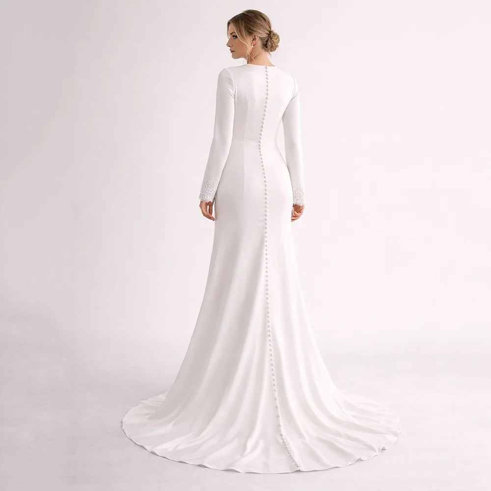 Muslim Wedding Dresses A Line Modest Brides Dress O Neck Lace Long Sleeve Button Woman's Bridal Dress Vestido De Novia Customizd