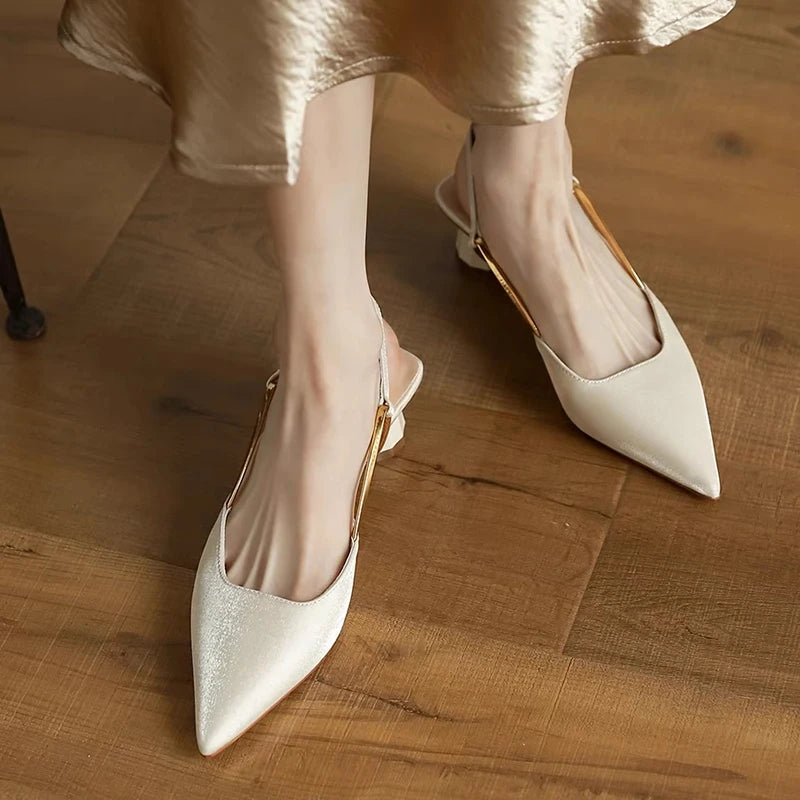 French Satin Style Sandals 2023 Spring Women New Pointed Mid Heel Design Luxury Versatile Single Shoes Zapatos De Mujer Trafza