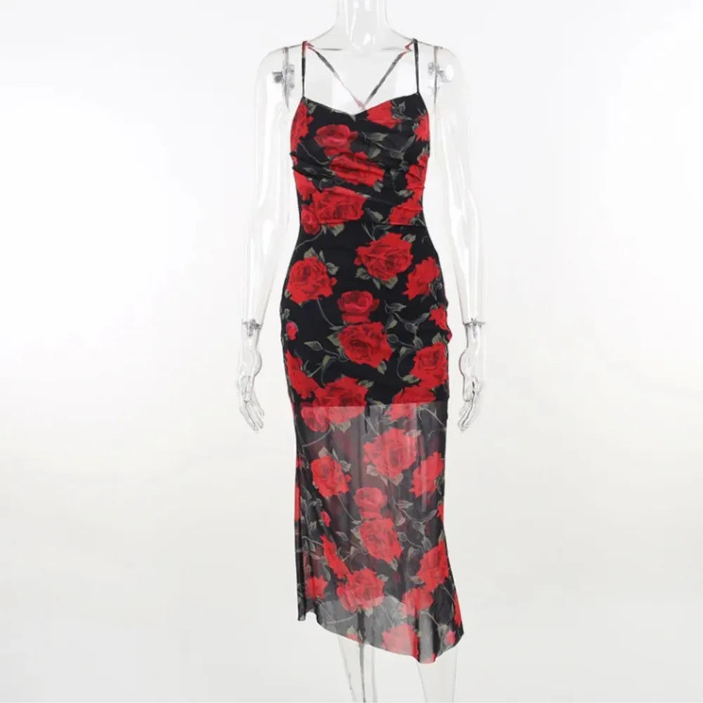Party Dresses For Woman Sexy Bodycon Floral Print Sleeveless Evening Dress Package Hip Contrast Vestidos Temperament Trendy Slim