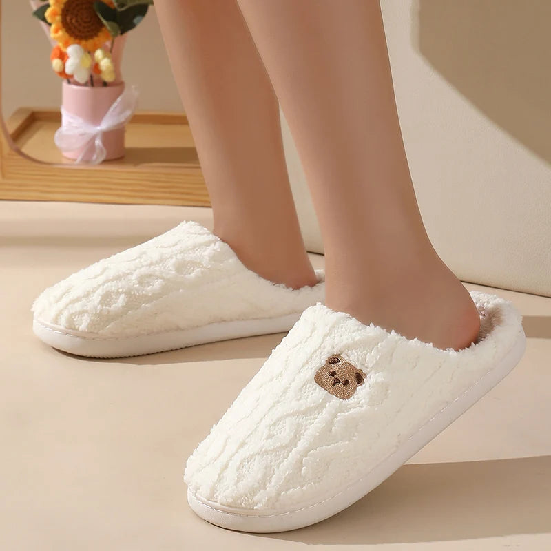 Cozy Cartoon Bear Home Slippers for Women 2025 Winter Plush Warm Flat Cotton Shoes Woman Non Slip Unisex Indoor Bedroom Slippers