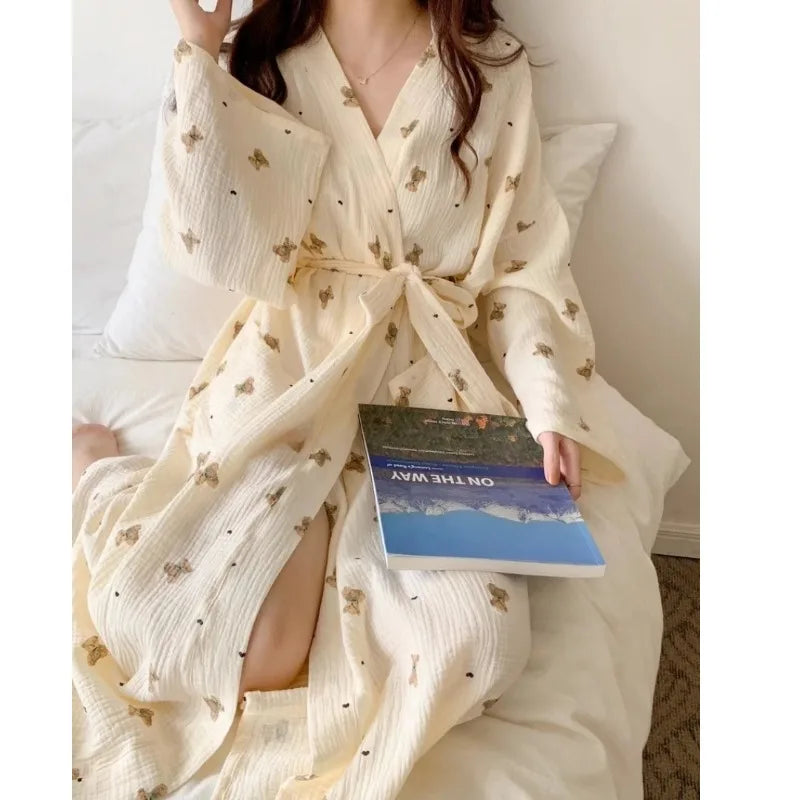 Women Bathing Robe Cartoon Cute Bear Print Bathrobe Nightgown Cardigan Long Sleeve Nightdress Plus Size Loungewear Nightgown Ro
