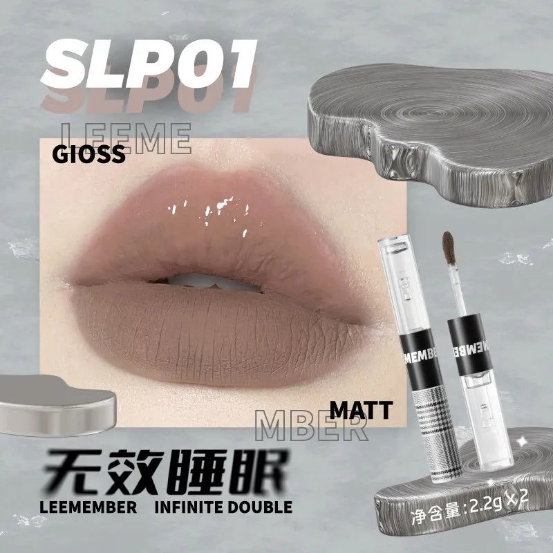 LEEMEMBER Double Head Lipstick Matte Soft Lip Mud Mirror Moisturizing Non-stick Cup Longlasting Lip Glazed Original Lip Makeup