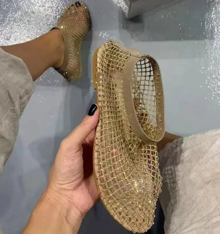 2024 New Women Luxury Brand Round Toe Flat Bottom Sandals Summer Hollow Short Boots Water Diamond Sexy Flat Bottom Shoes Sandals