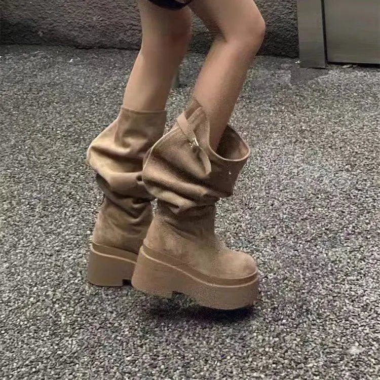 2026 Women's Fashion Thick Heels Knee High Boots Flock Slip on Western Boots Woman Spring Autumn Soft Leather Short Botas Mujer