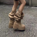 2026 Women's Fashion Thick Heels Knee High Boots Flock Slip on Western Boots Woman Spring Autumn Soft Leather Short Botas Mujer