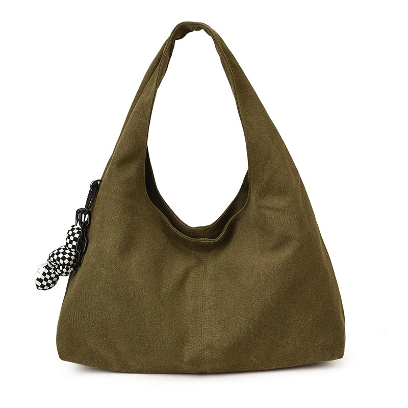 High Quality Big Tote Bags For Women Canvas Fabric Solid Color Large Capacity Underarm Shopper Shoulder Hobo Bag With Pendant