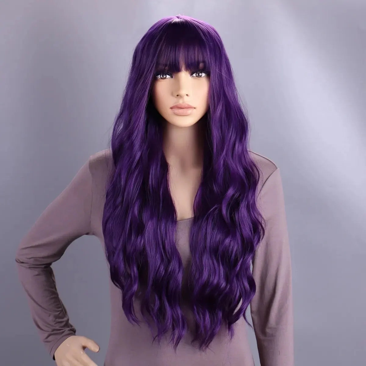Long Purple Wig for Women 28" Long Lavender Purple Wig With Bangs Curly Wavy Natural Cute Soft Wig for Costume Braids Anime