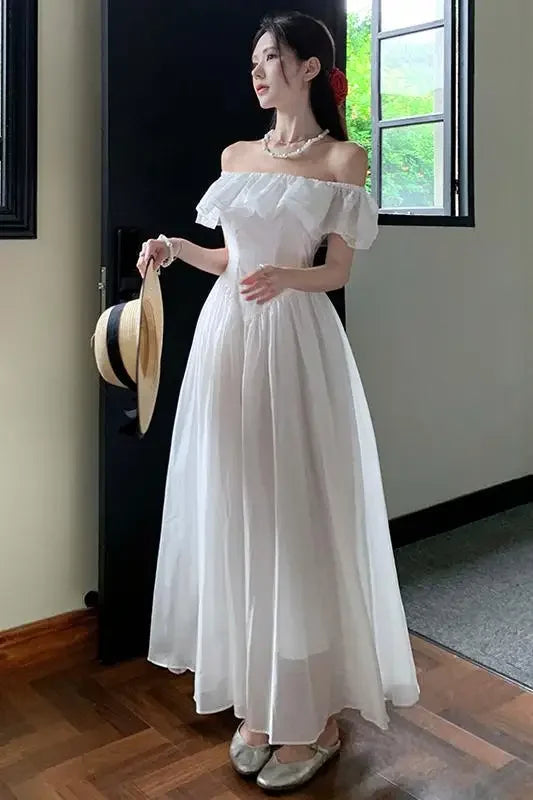 Summer White Beach Robe Long Dress For Women Slash Neck Short Sleeve Off The Shoulder Maxi Vestidos Elegant Evening Party Dress