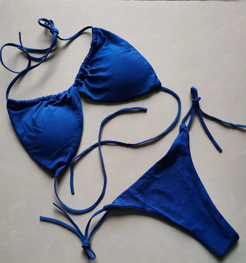 Summer Sexy Bikini set Push-up padded Bra Thong Split Swimwear Female Bandage Bathing Suit Adjustable Lacing Swimsuit Solid