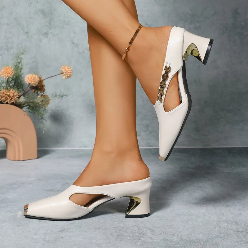 High Heels Women Slippers Chunky Fashion Mules Shoes Square Toe Heeled Sandals Summer 2025 Party Slides New Luxury Mujer Zapatos