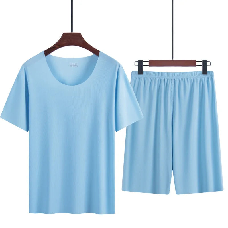 Men's Two-Piece Ice Silk Pajamas Men's Summer Thin Modal Short-Sleeved Pajamas Homewear Men's Large Size Pajamas Homewear Set