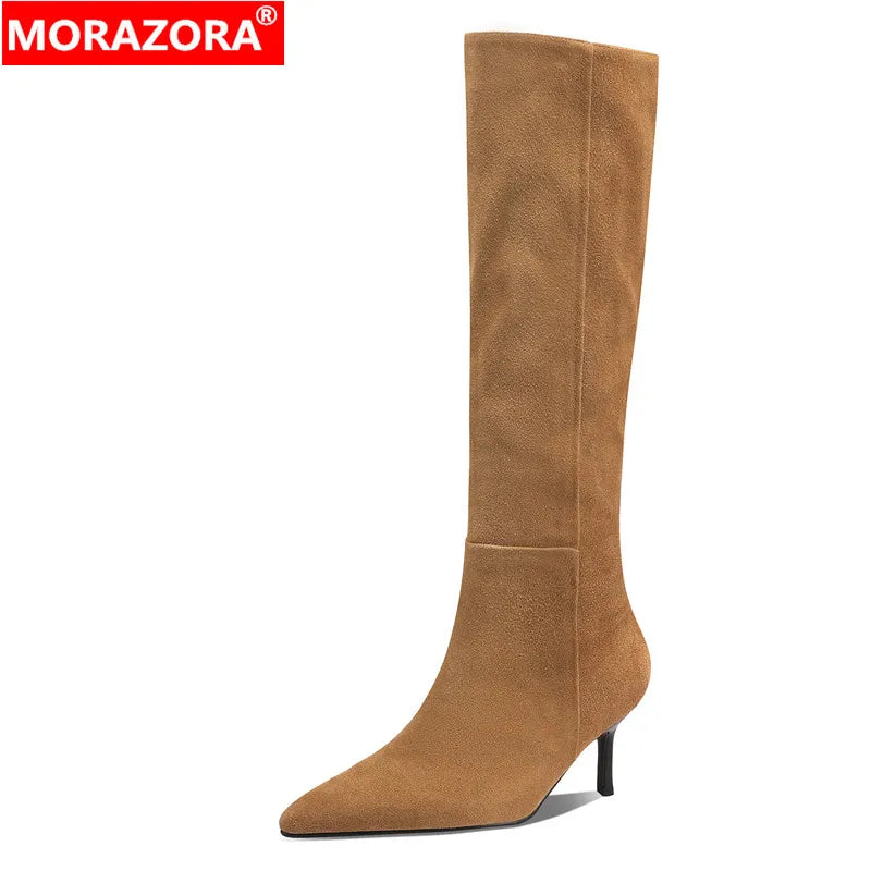 MORAZORA Size 34-42 Cow Suede Leather Stiletto High Heels Handmade Rero Knee High Boots Winter Fashion Casual Botas Ladies Shoes