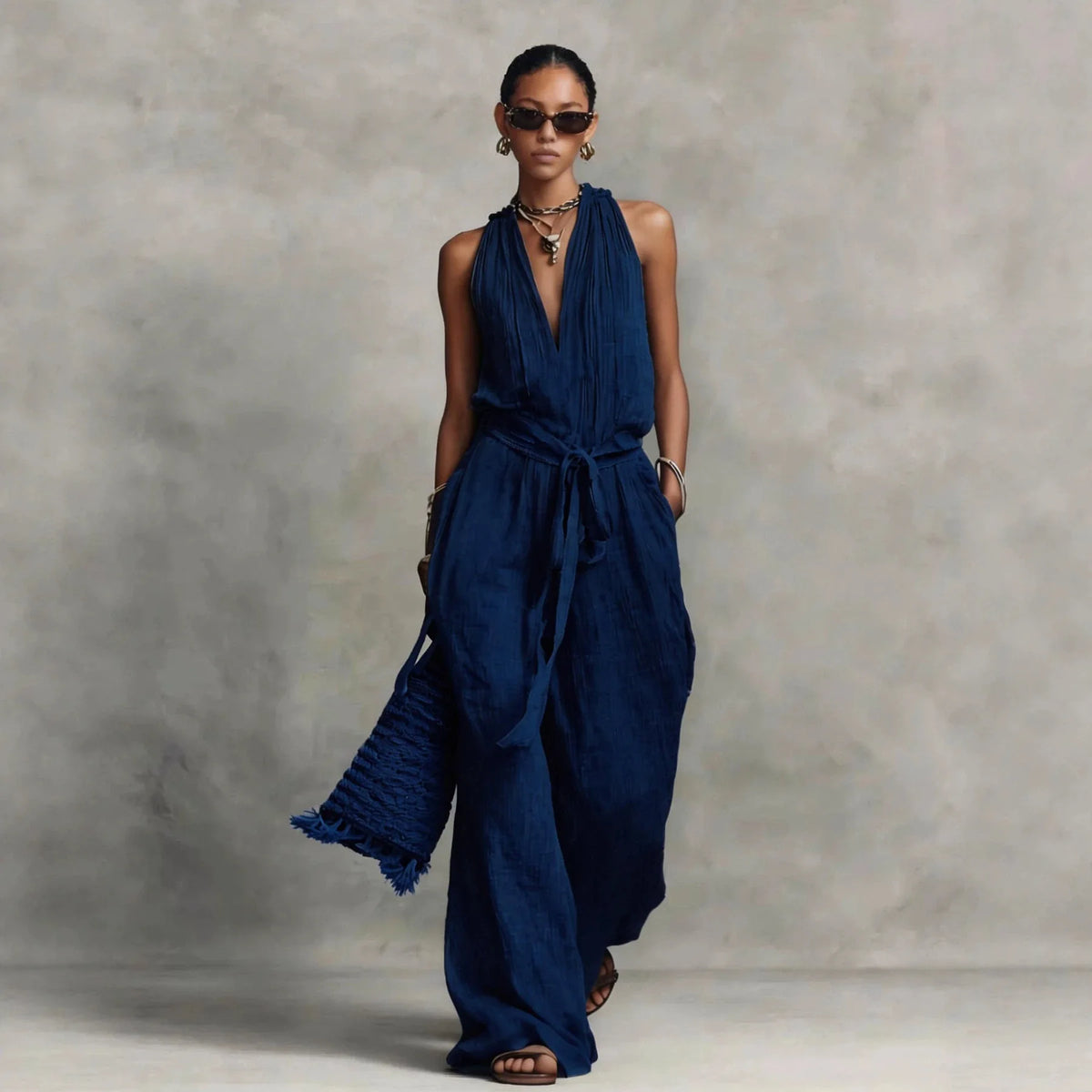 Summer Vestidos Women's Linen Hanging Neck Backless Lace Up Jumpsuit Holiday Sleeveless Solid Color Casual Loose Jumpsuit Dress
