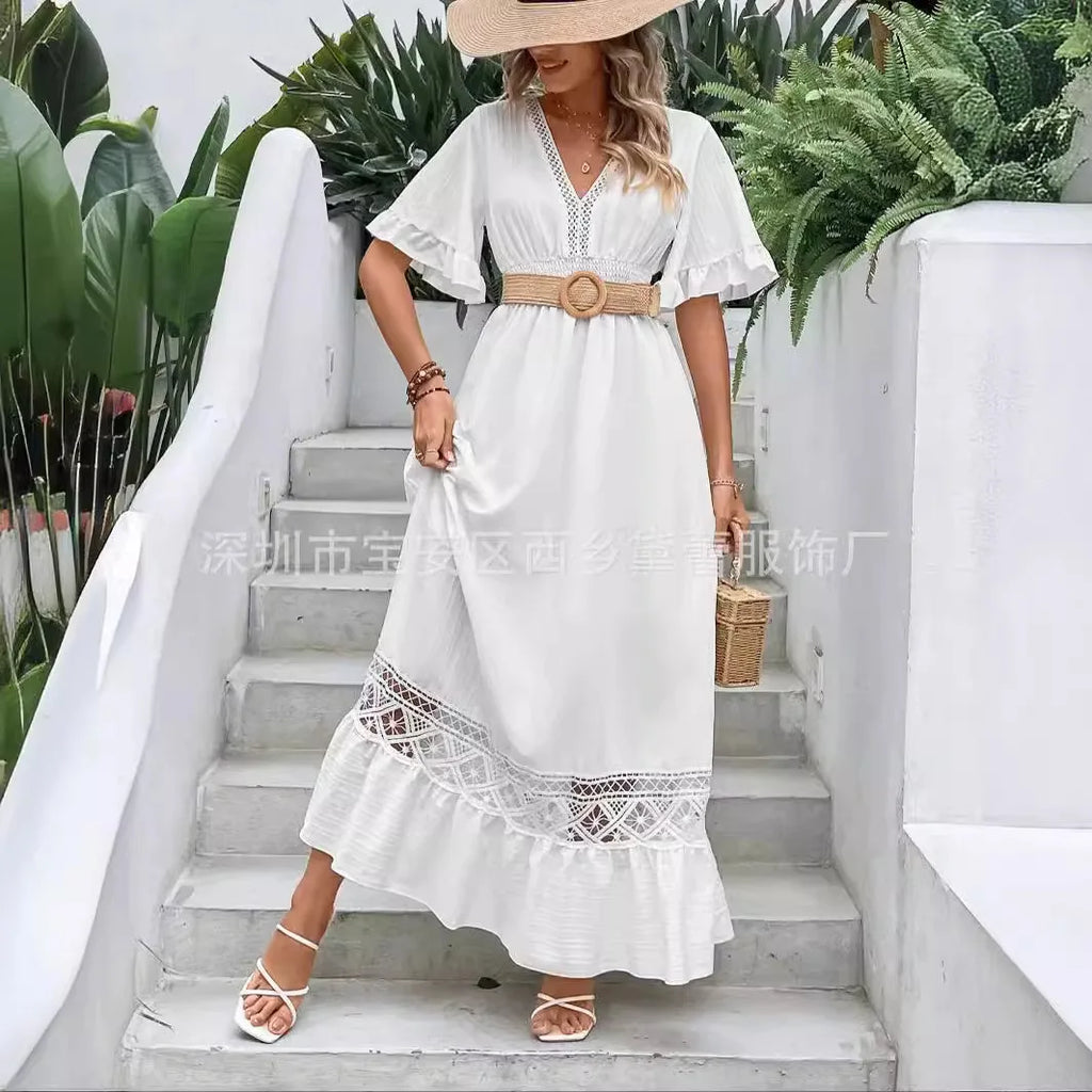 White Long Dress Women Dresses A Line Vestidos V Neck Short Sleeve Elegant Splice Y2k Temperament High Waist Solid 2025 Summer