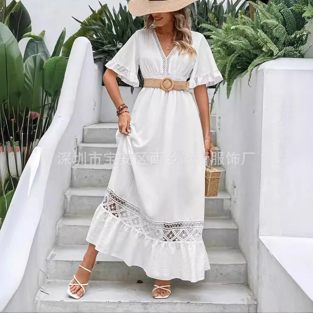 White Long Dress Women Dresses A Line Vestidos V Neck Short Sleeve Elegant Splice Y2k Temperament High Waist Solid 2025 Summer