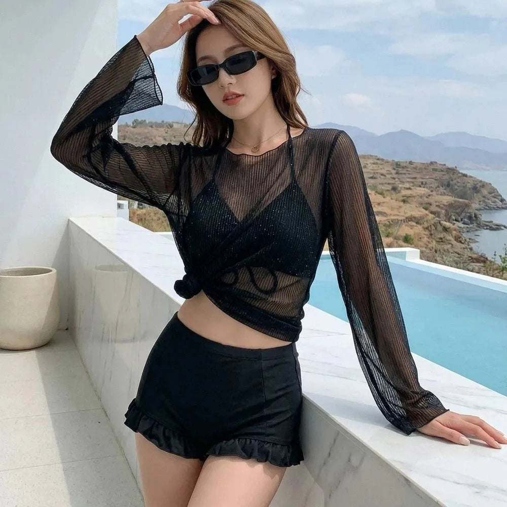 Beachwear Ruffles Bikini Set Transparent Pullover Slim Fit Long Sleeve Swimsuit Sun Protection Lace-up Bathing Suit Resort
