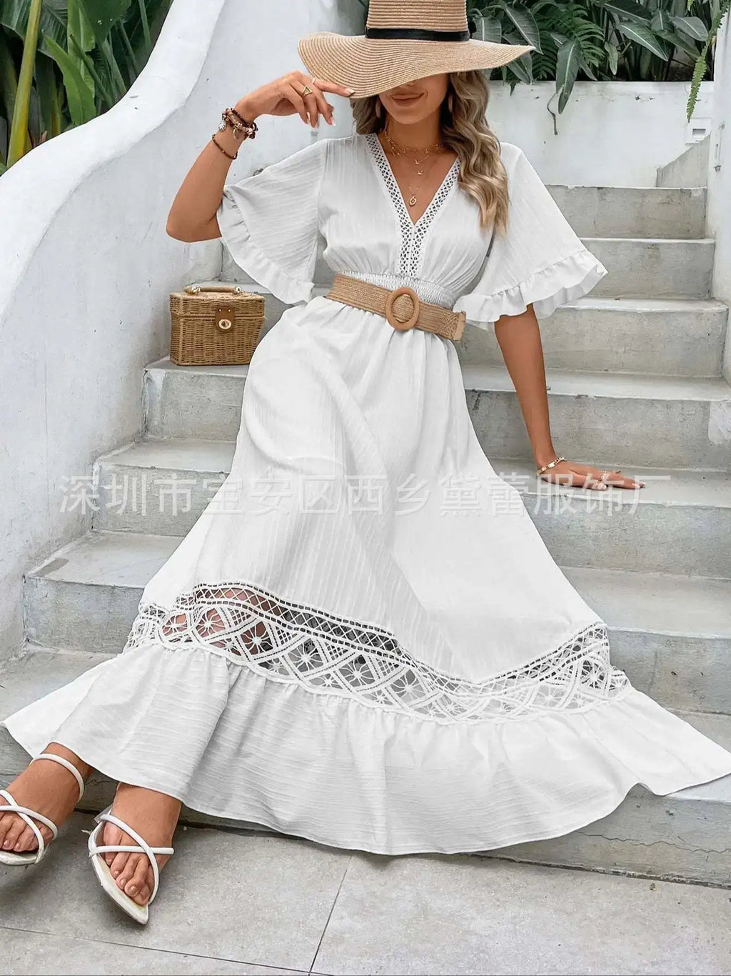 White Long Dress Women Dresses A Line Vestidos V Neck Short Sleeve Elegant Splice Y2k Temperament High Waist Solid 2025 Summer