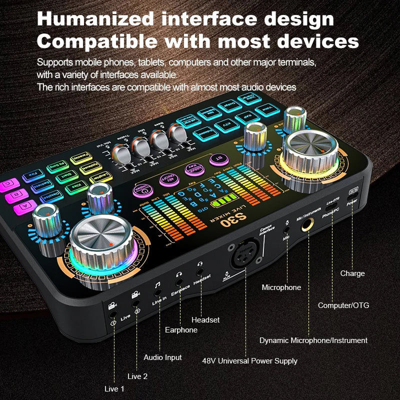 FUHAM S30 Audio Mixer, Live Sound Card with DJ Mixing Effects and Voice-Changing Features, Music Recording Equipment Sound Card