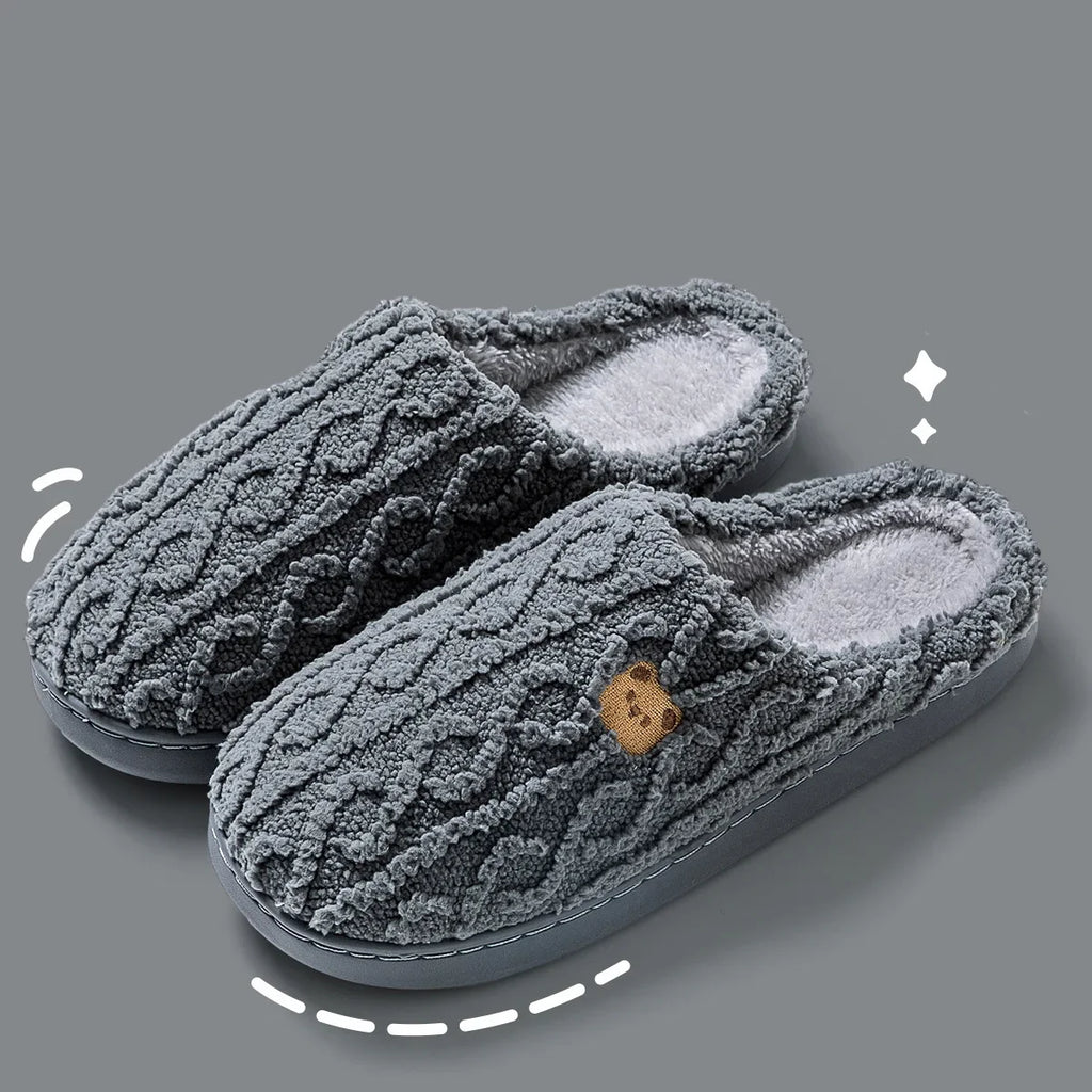 Cozy Cartoon Bear Home Slippers for Women 2025 Winter Plush Warm Flat Cotton Shoes Woman Non Slip Unisex Indoor Bedroom Slippers