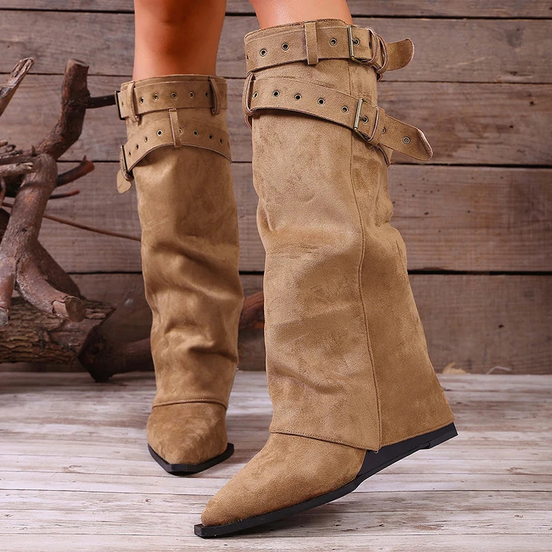 Faux Suede Knee High Western Boots Women 2026 Autumn Buckle Strap Pointed Toe Cowboy Boots Woman High Heel Khaki Long Booties